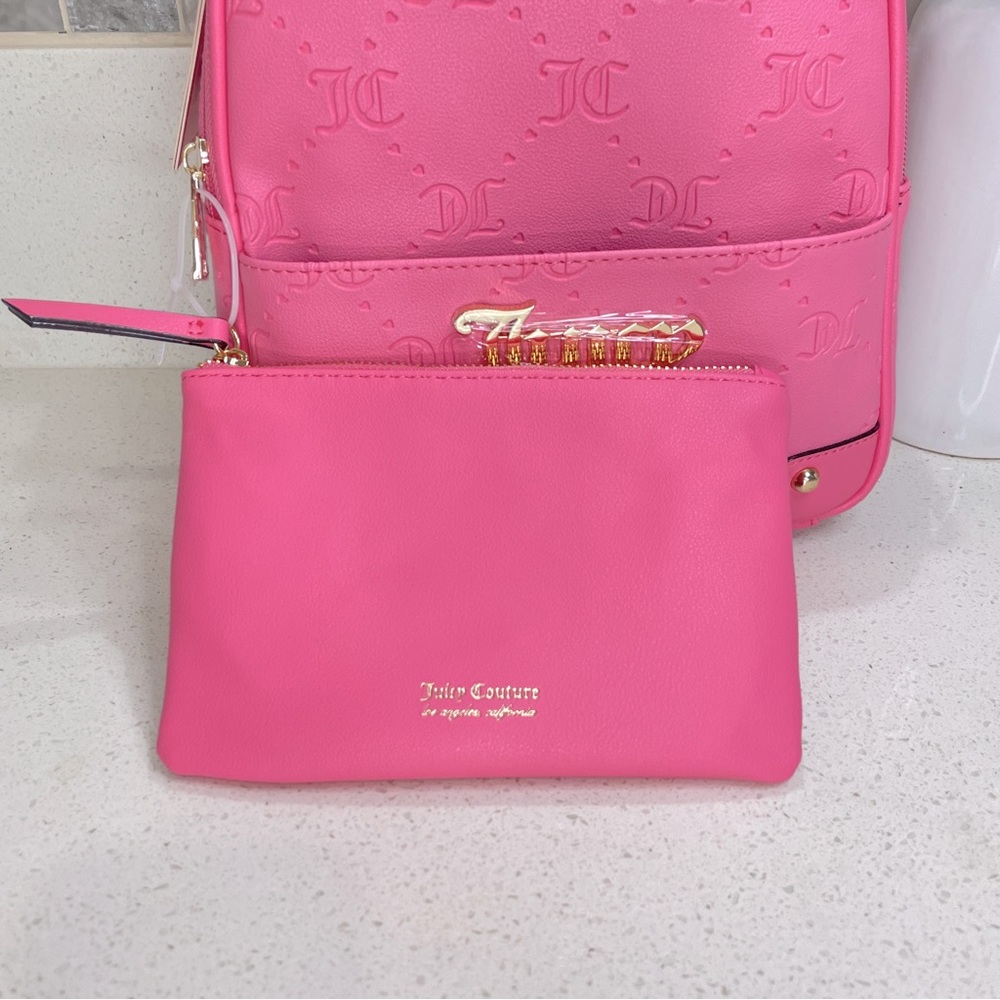 Juicy Couture Pink Embossed Monogram Mini‎ Backpack and Pouch Set Gold Hardware - Picture 2 of 4
